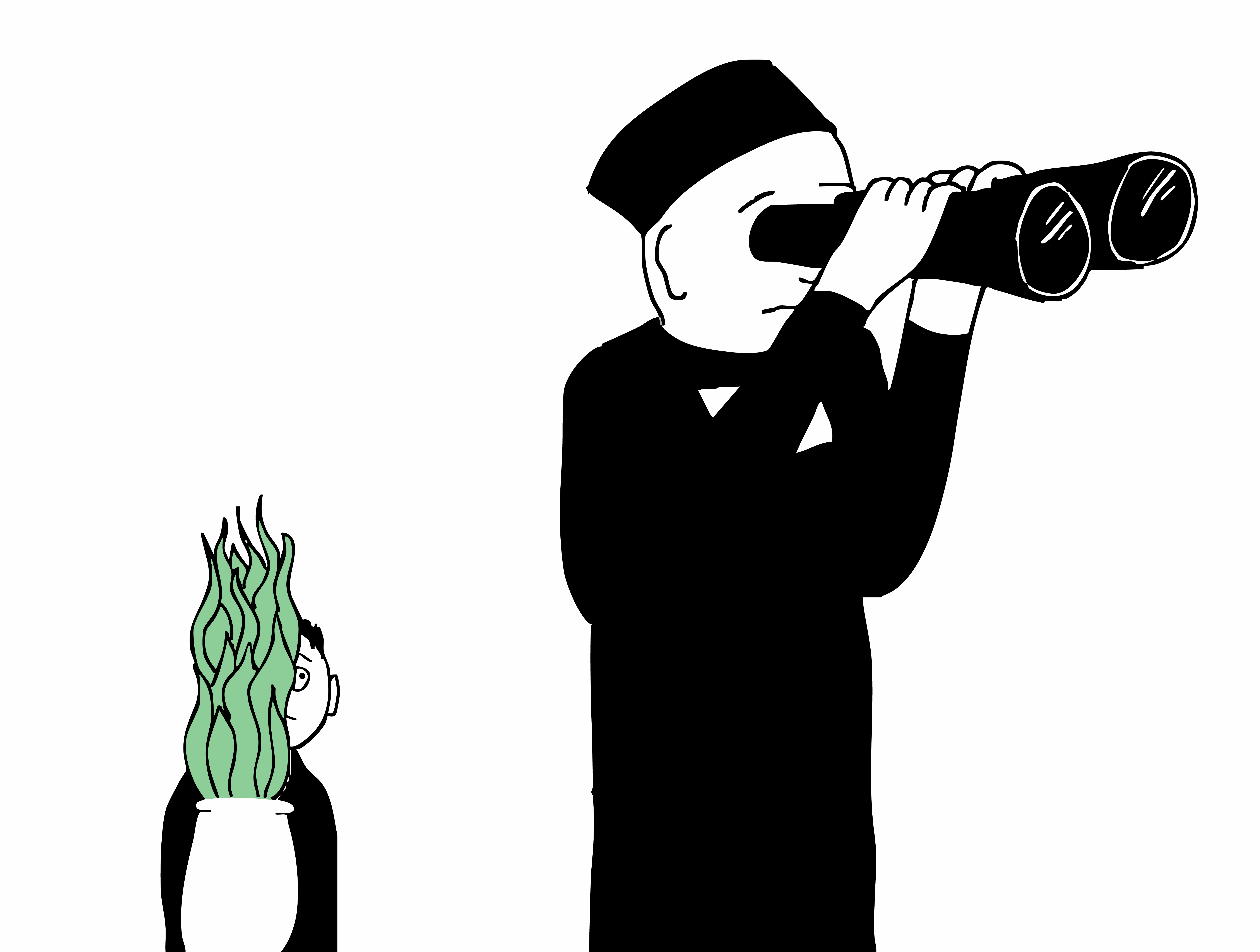Illustration of one person using binoculars while another hides behind a plant