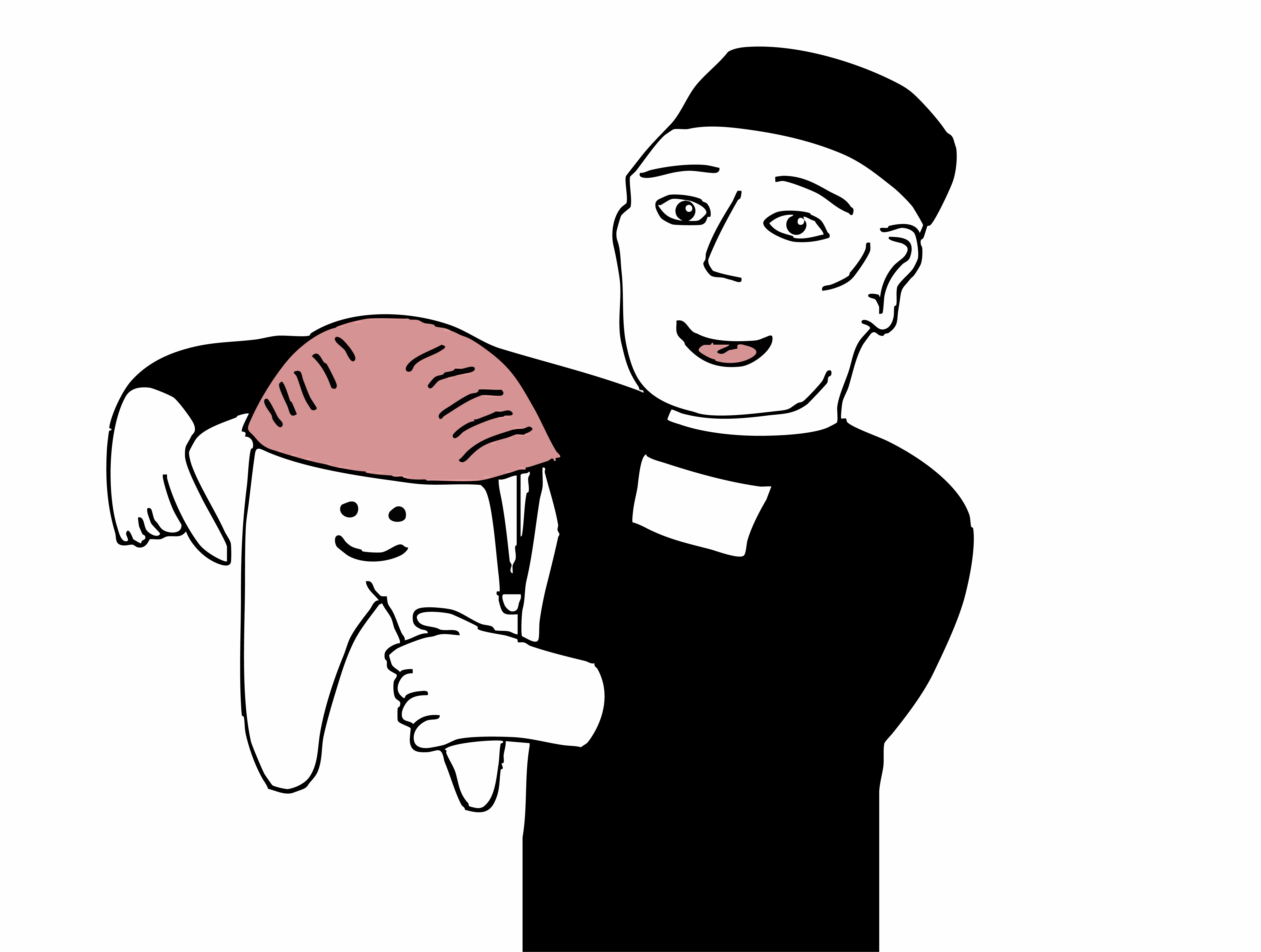 Illustration of a dentist placing a helmet on an anthropomorphic tooth