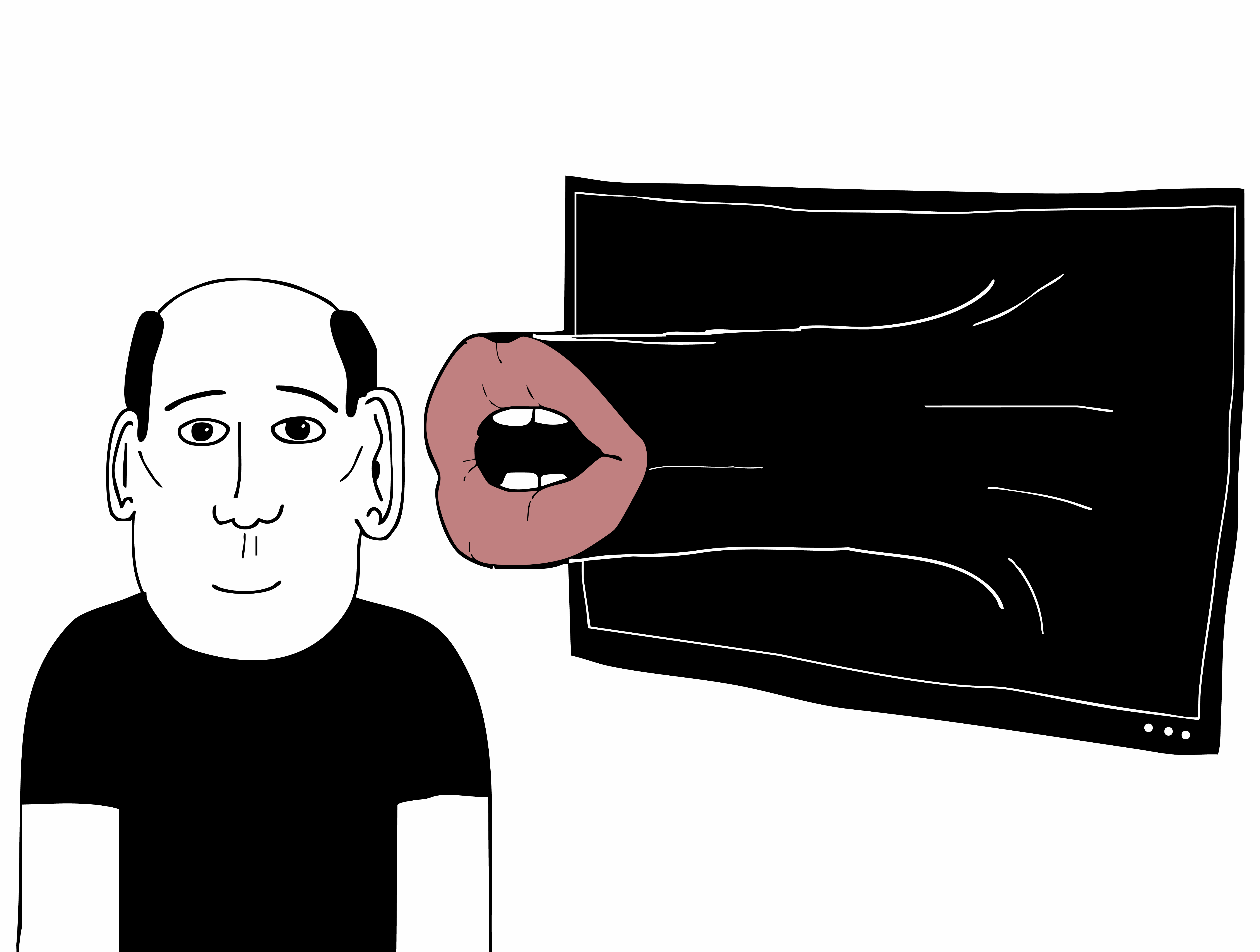 Illustration of a dental team member whispering from a television to a patient